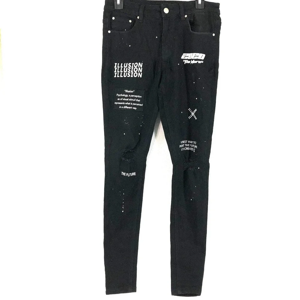 Illusion attire jeans women's 30 black patch grunge skinny lettering 30 x 29